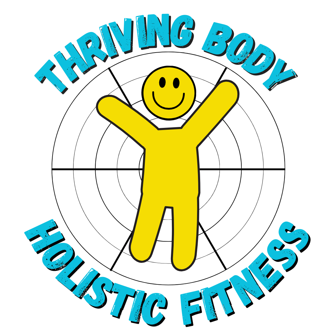 Thriving Body Holistic Fitness Logo with a Smiling body over a 6 spoked wheel