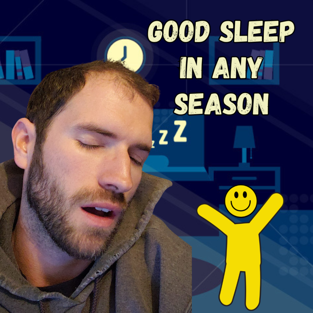 Photo of Steve Hicks sleeping with caption that says Good sleep in any season